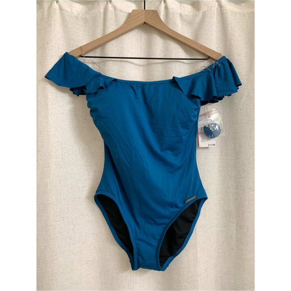 Vince Camuto Teal Blue One-Piece Swimsuit Cap Sleeve Ruffle Detail 6